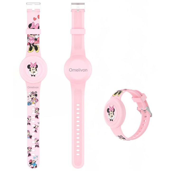 Bratara de protectie pentru Airtag, Omelivon®, design cu personaje de desene animate, silicon, roz, set pentru copii