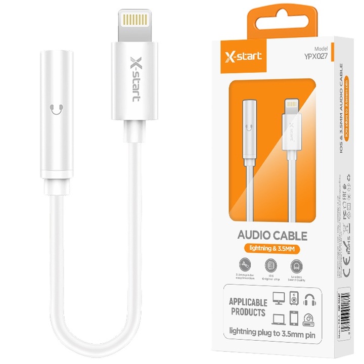 Audio csatlakozó a Lightning adapterhez, X-Start YPX027, hossz 10 cm, szilikon, fehér