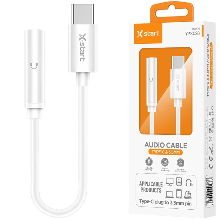 Audio csatlakozó a Type-C adapterhez, X-Start YPX028, hossz 10 cm, szilikon, fehér