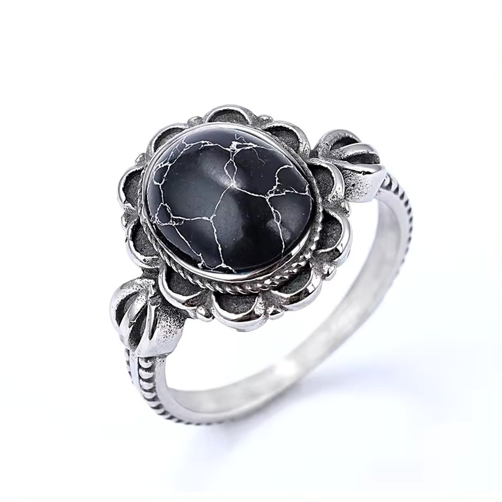 Inel Dama Gothic cu Piatra Neagra, Inox, Argintiu, 16 mm