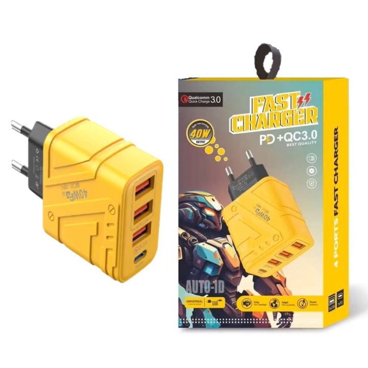 Incarcator Rapid 40W de culoare galbena, 3 Porturi USB + 1 Port USB-C, Tehnologie QC 3.0 si PD 20W, Design Compact si Durabil compatibil cu Apple/Huwaei/Samsung/Xiaomi