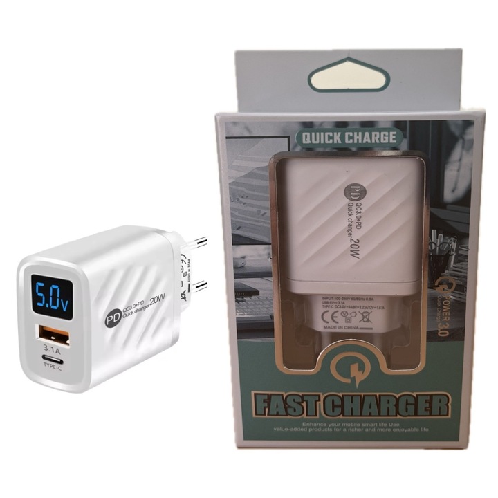 USB-C és USB-A gyorstöltő, 20 W, fehér színű QC3.0 és PD technológia, amely kompatibilis az Apple/Huawei/Xaomi/Samsung rendszerekkel