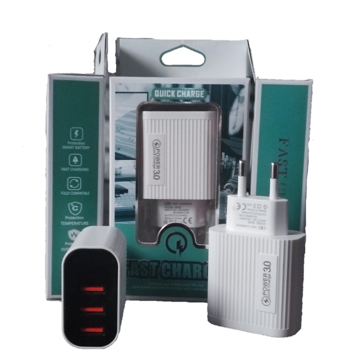 Бързо зарядно устройство с 3 USB порта 15W, бял цвят QC 3.0, цифров дисплей, съвместим с Apple/Huawei/Xiaomi/Samsung