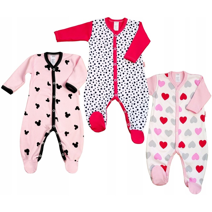 Set de 3 body-uri copii, KLEKLE, bumbac 100%, multicolor, designuri soricel roz, soricel alb, inimioare mici
