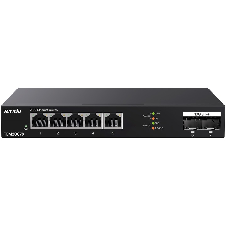 Комутатор без управление, с 3 предварителни конфигурации, 5×RJ45 2.5Gbps, 2×SFP+ 10Gbps