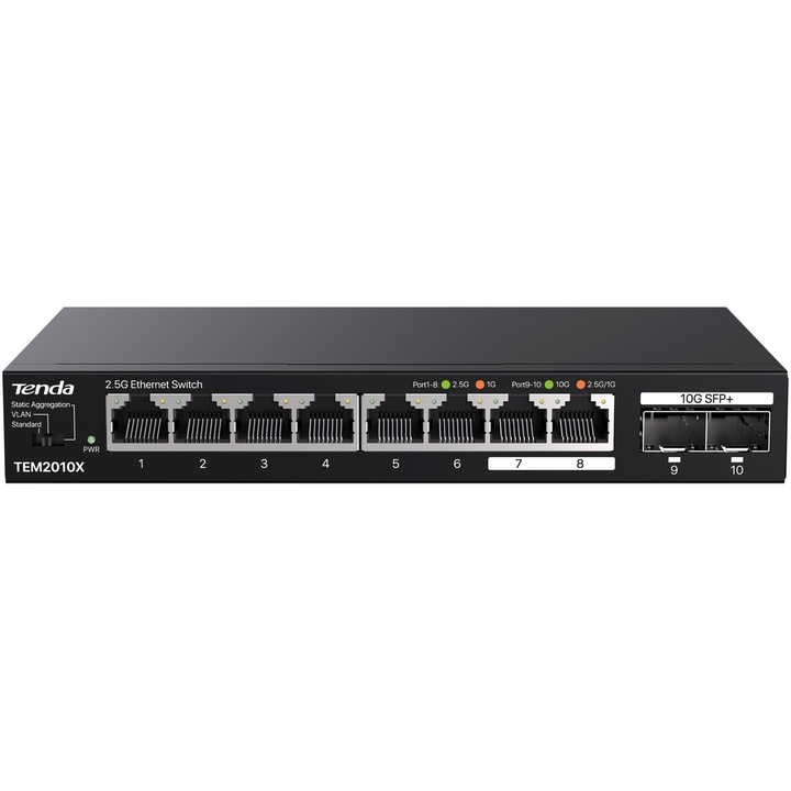 Комутатор без управление, с 3 предварителни конфигурации, 8×RJ45 2.5Gbps, 2×SFP+ 10Gbps