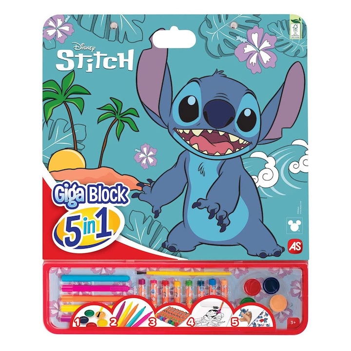 Комплект за оцветяване Giga Block Stitch 5in1, 25 листа, акварели, маркери, моливи и стикери, 35x41,5 см, 3+ години