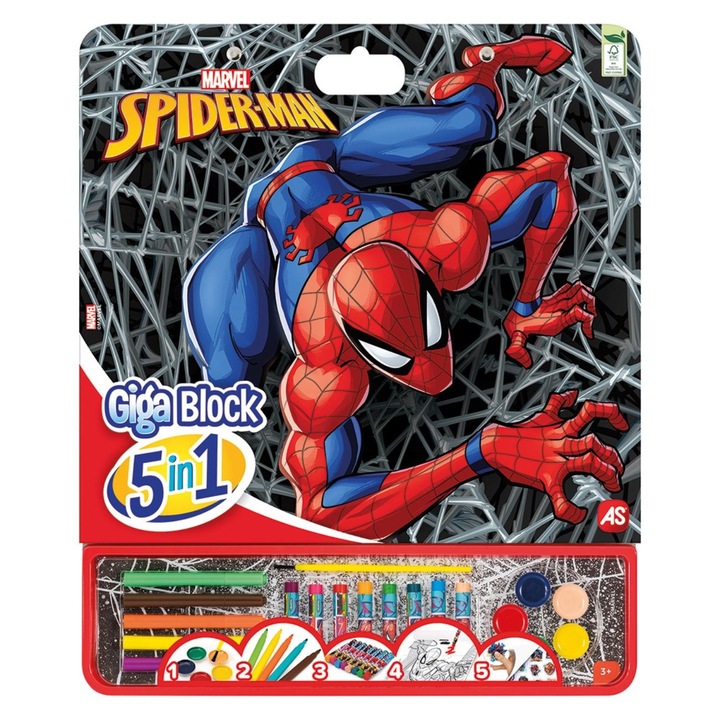 Комплект за оцветяване Giga Block Spiderman 5in1, 25 листа, акварели, маркери, моливи и стикери, 35x42 см, 3+ години