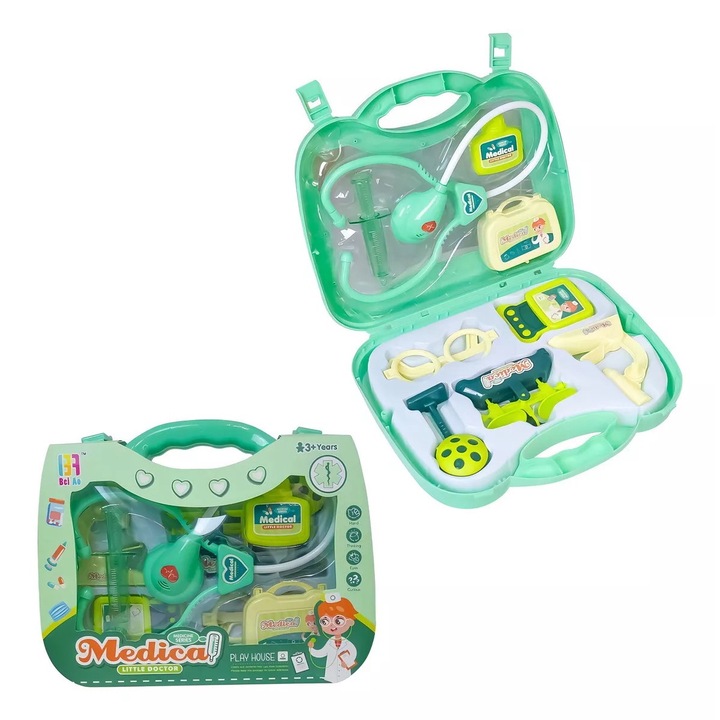 Jucarie pt copii ANGMAD, Trusa medic compusa: stetoscop, seringa, ochelari si diverse echipamente medicale, verde, destinata copiilor cu o varsta de 3+ani
