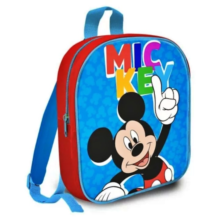 Ghiozdan gradinita copii, Mickey Mouse, Disney, 1 compartiment cu fermoar, Albastru, 29 x 24 x 10 cm