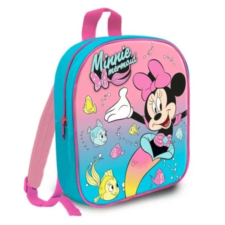 Ghiozdan gradinita copii, Minnie, Mermaid, Sirena, Disney, 1 compartiment cu fermoar, Roz, 29 x 24 x 10 cm