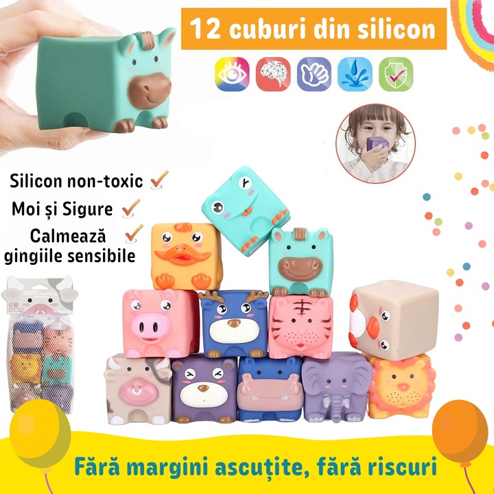 Set cuburi moi interactive in forma de animalute pentru bebelusi ...