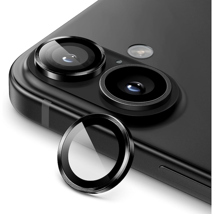 Folie Protectie Camera pentru iPhone 16 / 16 Plus, Sticla Securizata, Aluminiu, 2 bucati, Ultra Slim, 9H, Anti Zgarieturi, Anti Amprente, Anti Socuri, Negru