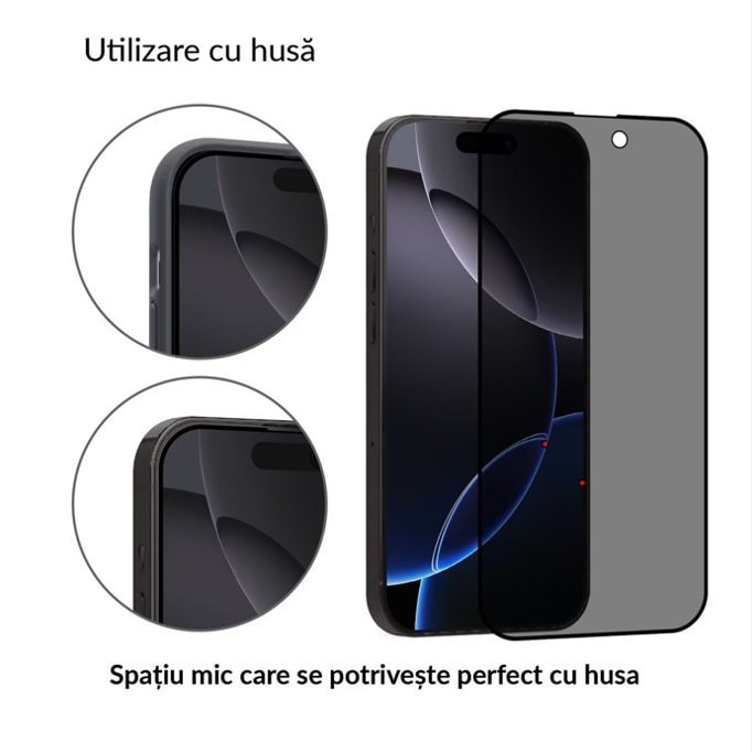Folie Sticla, Compatibil Apple iPhone 16e, Protectie Profesionala Ecran 3D, Full Cover, Model Privacy