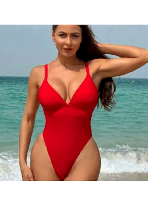 Червен бански, цял, дълбоко V деколте, висока талия, прашка