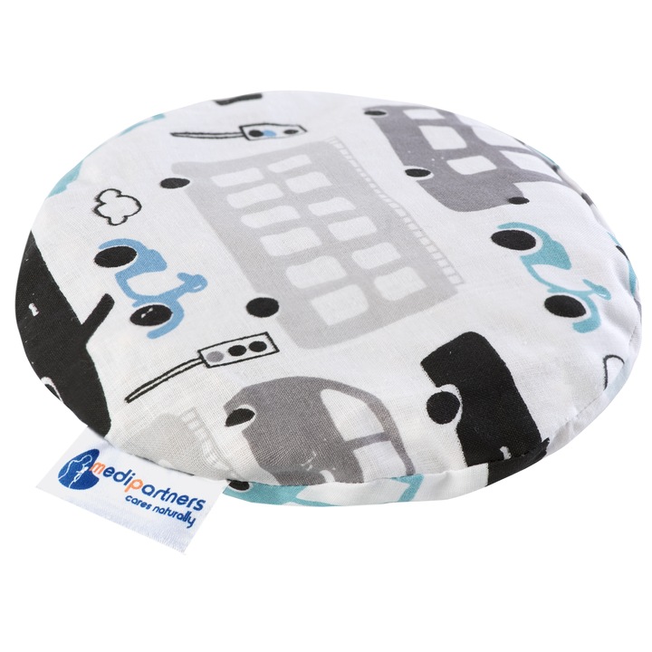 Perna colici pentru bebelusi, Medi Partners, Bumbac/Samburi de cirese, Cald/Rece, Model masini, round 15cm, 180g, Gri/Alb