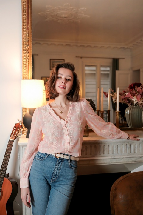 Риза с бял флорален принт и бродирани детайли, B-4819T M9 9409, Розова, Розово