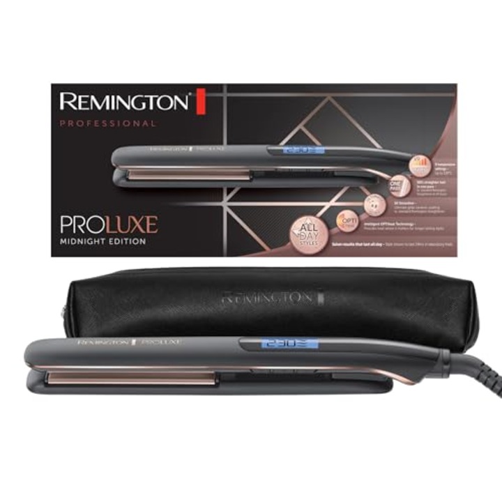 Преса за коса Remington Straightener Optiheat Technology за дълготрайни резултати при стилизирането Proluxe Midnight Hair Straightener (150-230°C, 110 mm дълги керамични стилизиращи плочи, цифров дисплей, бързо нагряване) S9100B преса за коса
