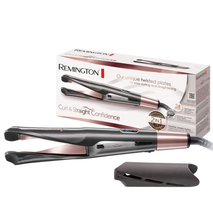 Remington Curl/Straight Confidence Multistyler 2-In-1 [Актуализиран] (Извити стилизиращи плочи за изправяне, къдрене и кърлинг) 150-230°C, S6606B Преса за коса [Ексклузивно за Amazon]