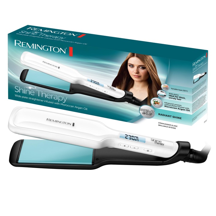 Преса за коса Remington Shine Therapy - Remington - S8550 Изправящ уред - керамично покритие, обогатено с мароканско арганово масло и витамин Е, LCD екран, температура 150-230°C