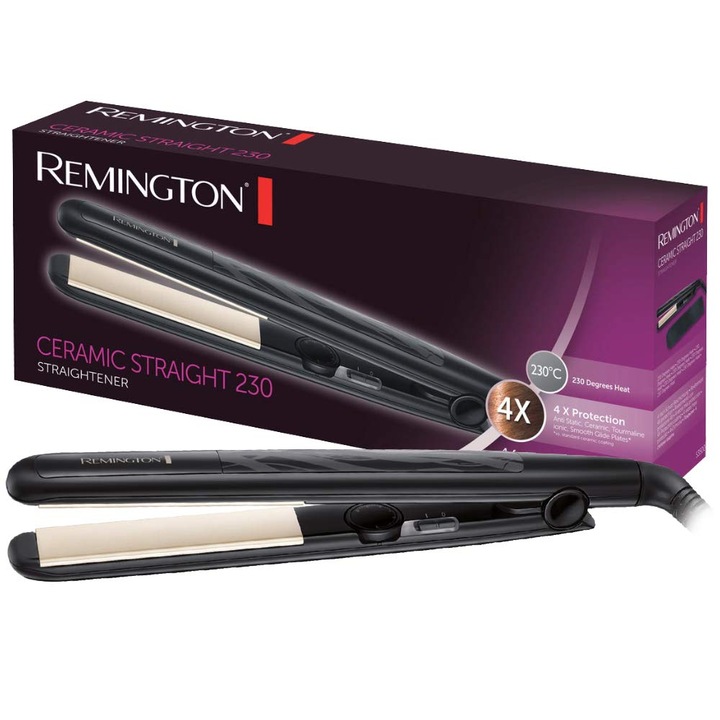 Керамична преса за права коса Remington (четворна защита: антистатично керамично турмалиново покритие - равномерно разпределение на топлината, по-малко статичен и копринен блясък) Преса за коса S3500