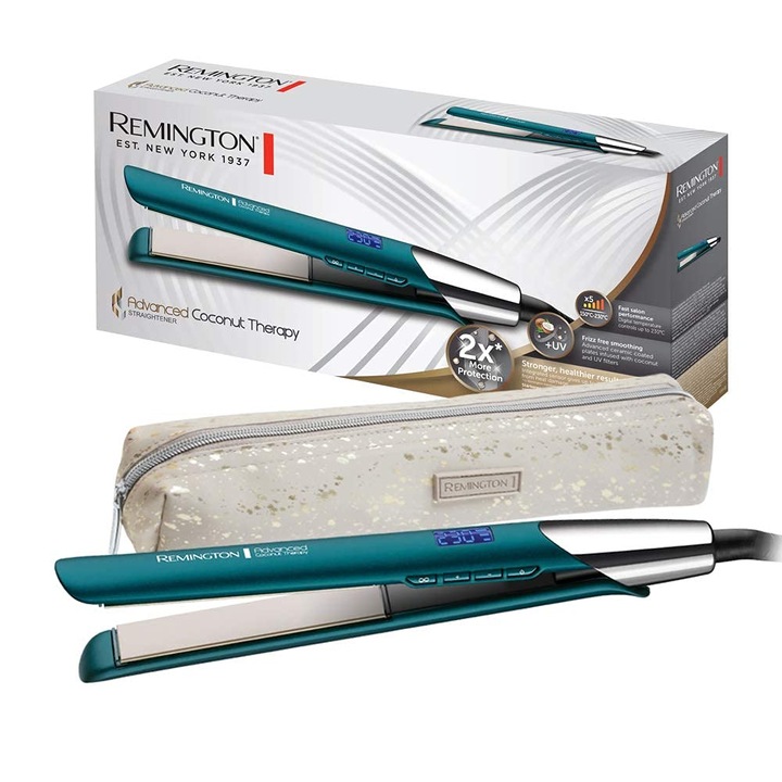 Преса за коса Remington Advanced Coconut Therapy, керамично покритие с кокос и UV филтър, вграден сензор, LCD дисплей, модел S8648