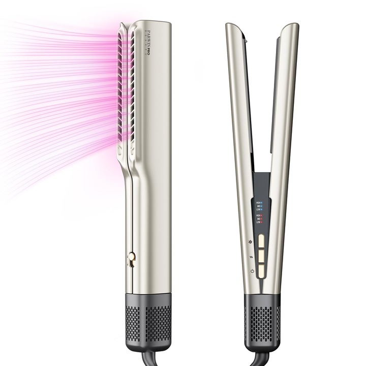 Преса за изправяне на въздух Parwin Pro Beauty Ionic Air Straightener, Wet to Dry, Без нагревателни плочи, Без топлинни увреждания, Изправя с въздух, За средна и дълга коса (35-75 см), Champagne Silver
