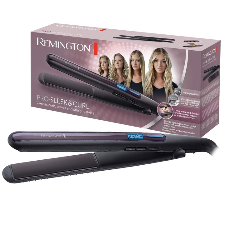 Преса за коса Remington Pro Sleek & Curl – Remington – Заоблен дизайн за изправяне и къдрене, ултратурмалиново керамично покритие, LCD дисплей, 150-230°C, модел S6505