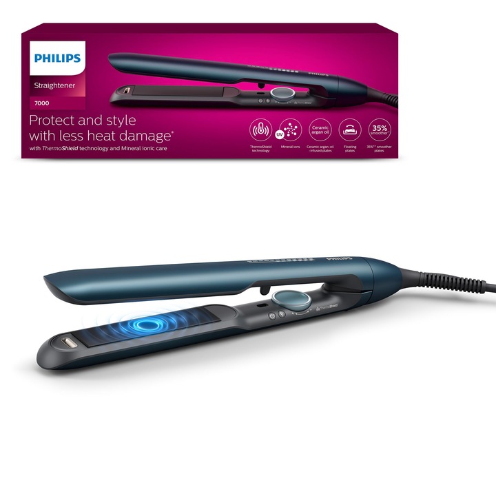 Philips Hajegyenesítő Series 7000, Thermoshield technológia, ionizációs funkció, kerámialapok argánolajjal, kék-zöld metál, Bhs732/00 modell