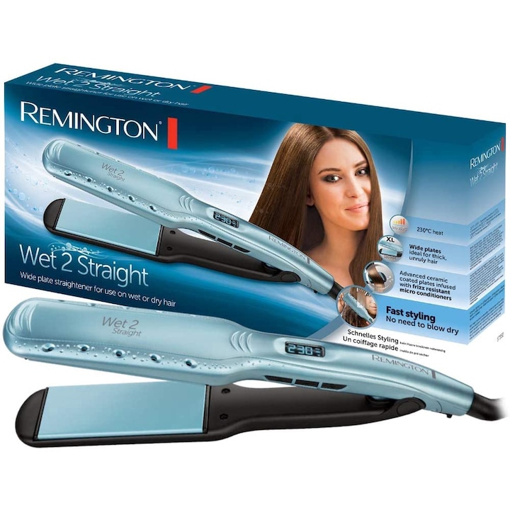 Преса за коса Remington Wet2Straight, широка, за мокра и суха употреба - за сушене и изправяне на коса, топлинно активирани микроагенти против къдрене, LCD дисплей, 140-230°C, S7350 преса за коса, тюркоаз