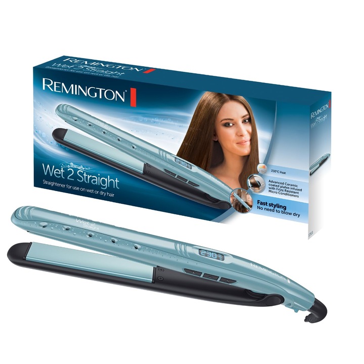 Преса Remington Wet2Straight (за мокра и суха употреба - за сушене и изправяне на коса, топлинно активирани микроактивни вещества против къдрене), LCD дисплей, 140-230°C, преса за коса S7300