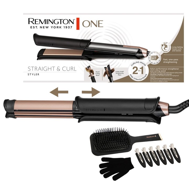 Преса за изправяне и къдрене Remington One [Мултистайлер 2 в 1] Режим на изправяне/къдрене с превключваема нагрята външна повърхност (включително четка, щипки, ръкавица, цифров дисплей 150-230°) Преса за изправяне на коса S6078