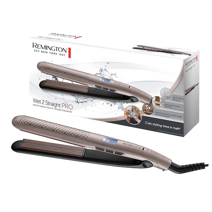 Преса за коса Remington Wet2Straight Pro, за мокра и суха употреба, за сушене и изправяне на коса, изключителна вентилационна система, сензор за влажност, LCD дисплей, 140-230°C, S7970 преса за коса
