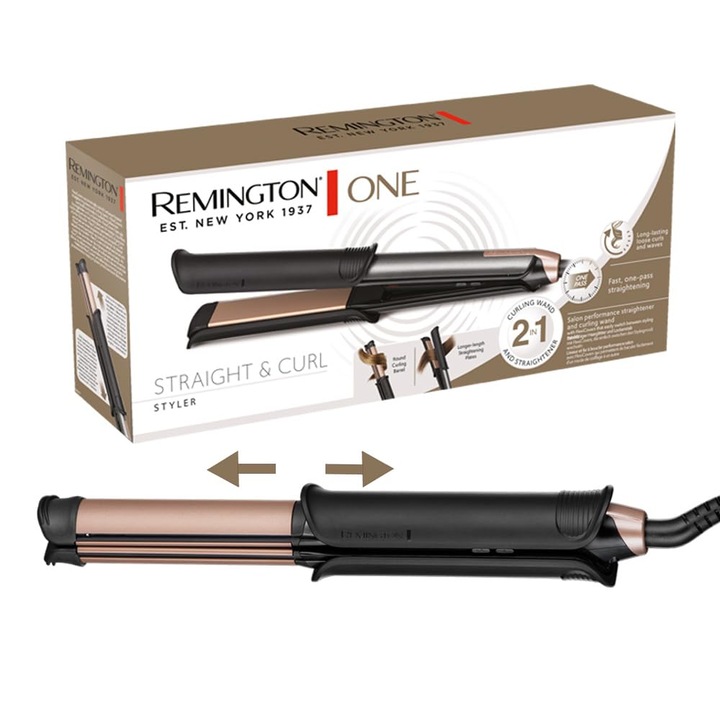 Преса за изправяне и къдрене Remington One, Режим на изправяне/къдрене с превключваема нагрята външна повърхност, 150-230°C, цифров дисплей, S6077