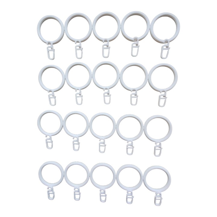 Set 20 Inele din Plastic 38 mm + 20 Carlige din Plastic cu Cap Mic pentru Perdea/Draperie – Compatibile cu Galerii din Plastic, Lemn si Metal, culoare ALB