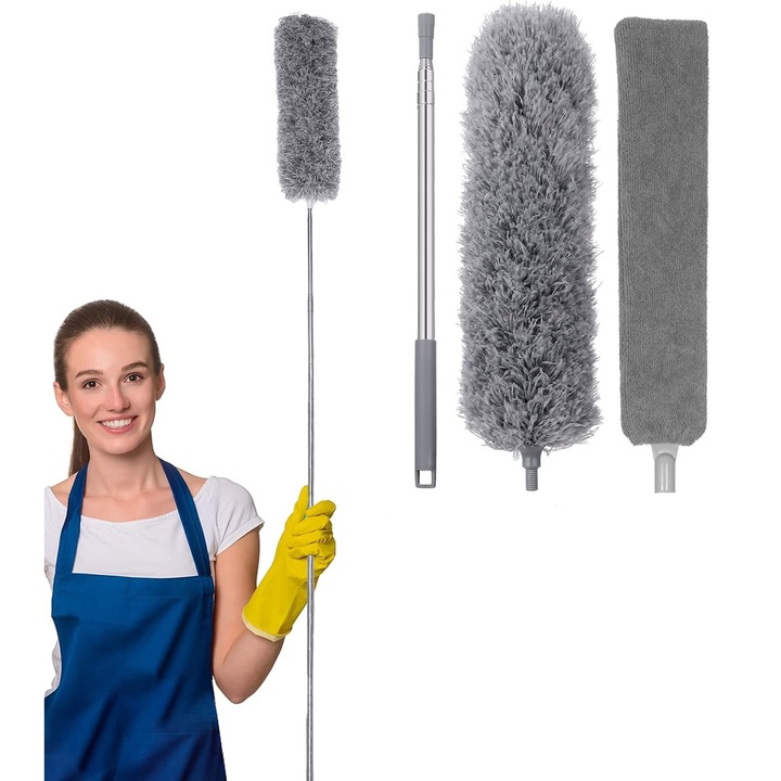 Perie telescopica pentru praf, cu 2 capete interschimbabile, extensibila pana la 250 cm, curatare eficienta pentru tavan, mobilier si spatii greu accesibile