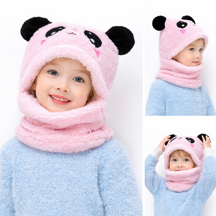 Caciula pentru copii tip cagula Macvi® 2 in 1, tematica lumea animalelor, model ursulet panda zambitor, 1-5 ani, roz