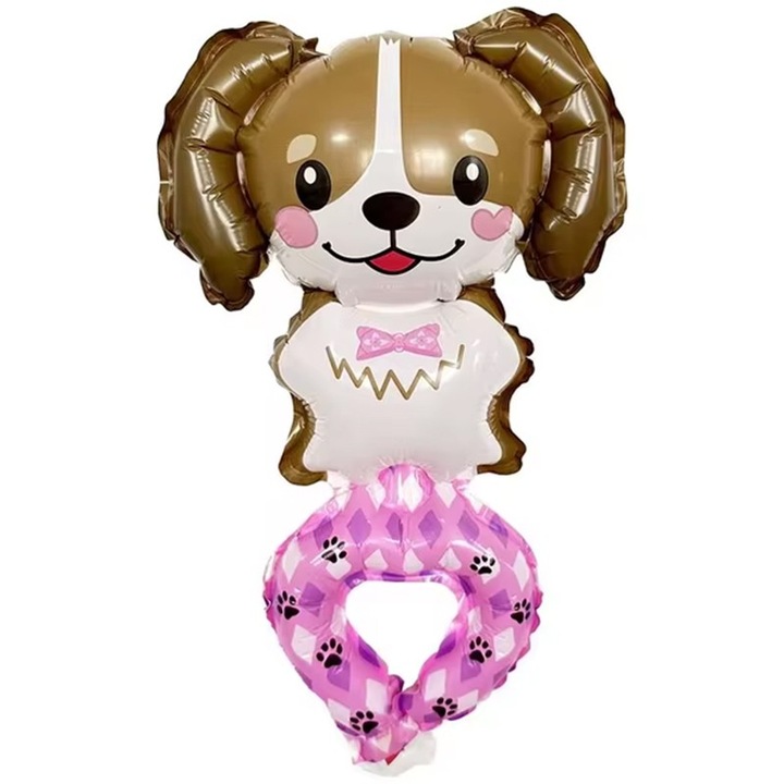 Balon din Folie Metalizata, Flippy, Figurine Animalute, Tip Bratara, Model Caine, Ambalaj Individual, Pai Inclus, Umflare cu Aer sau Heliu, Maro