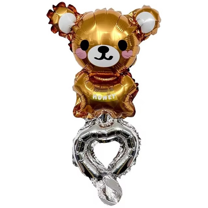 Балон от метално фолио, Flippy, фигурки на животни, тип гривна, модел на плюшено мече, индивидуална опаковка, включена сламка, надут с въздух или хелий, кафяв