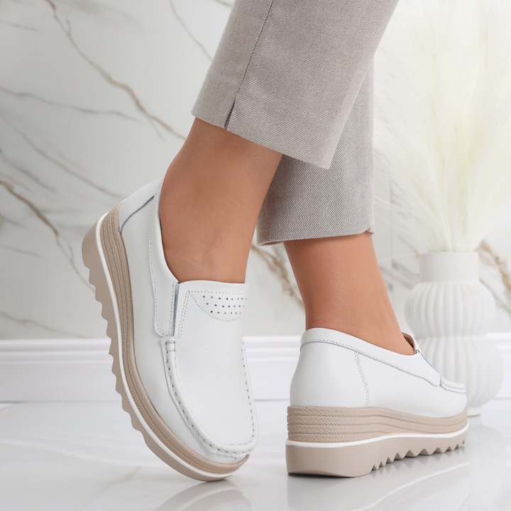 Pantofi dama cu platforma Albi din Piele Naturala Gabrena, Alb