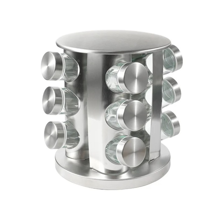 Suport si Set pentru 12 Condimente, cu 12 recipiente, cu 3 Nivele si Rotire 360°