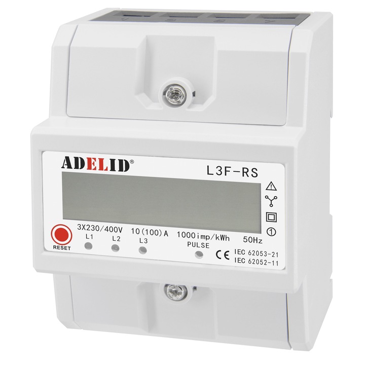 Contor trifazat, ADELID, pentru montaj pe sina DIN, functie RESET, 100A, 3x120/208V, 100x35x72mm, alb