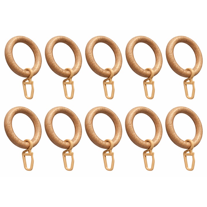 Set 10 inele din lemn masiv + 10 carlige pentru perdea si/sau draperie, Culoare Stejar Japonez