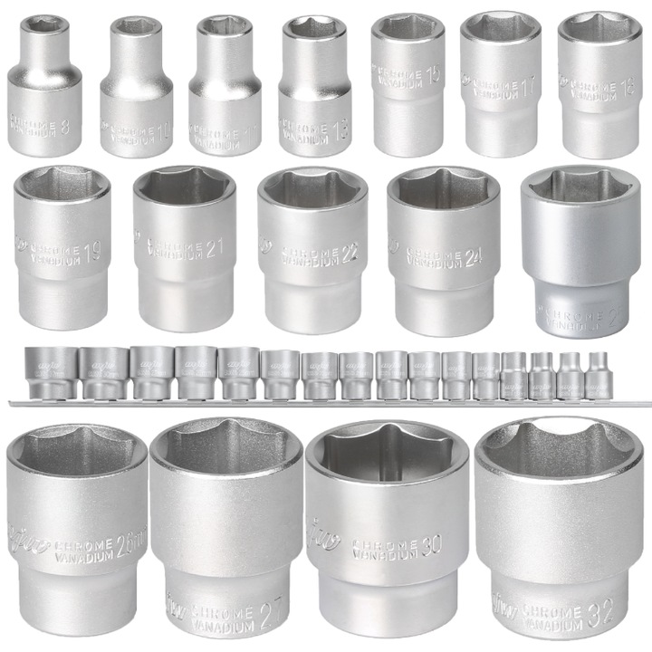 Set 16 nasade 1/2", MJW, dimensiuni 8-32mm, din otel crom-vanadiu, pe sina metalica