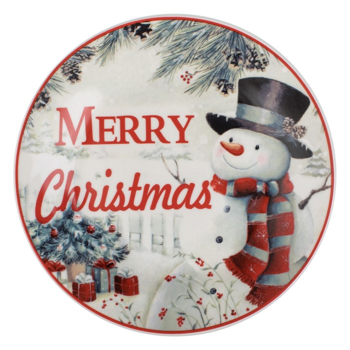 Farfurie de Craciun din Portelan Alb cu Model Om de Zapada "Merry Christmas" pentru Desert Ø15.5cm