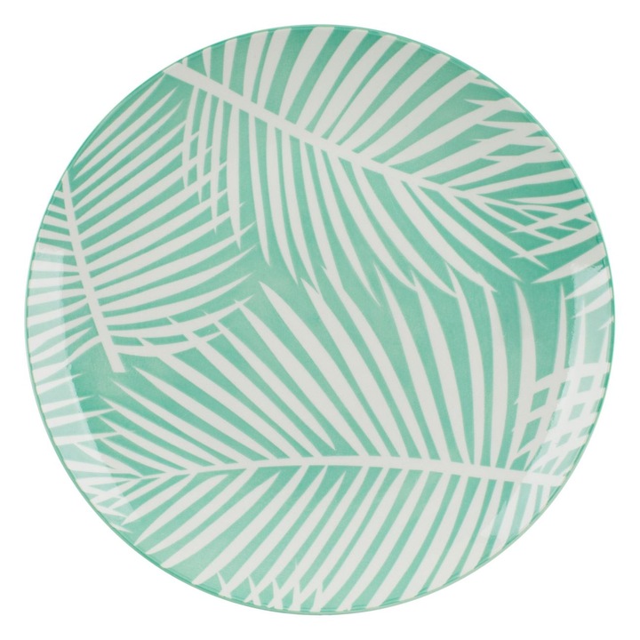 Lapos tányér zöld porcelánból, fehér trópusi levelekkel, Ø 26.5cm