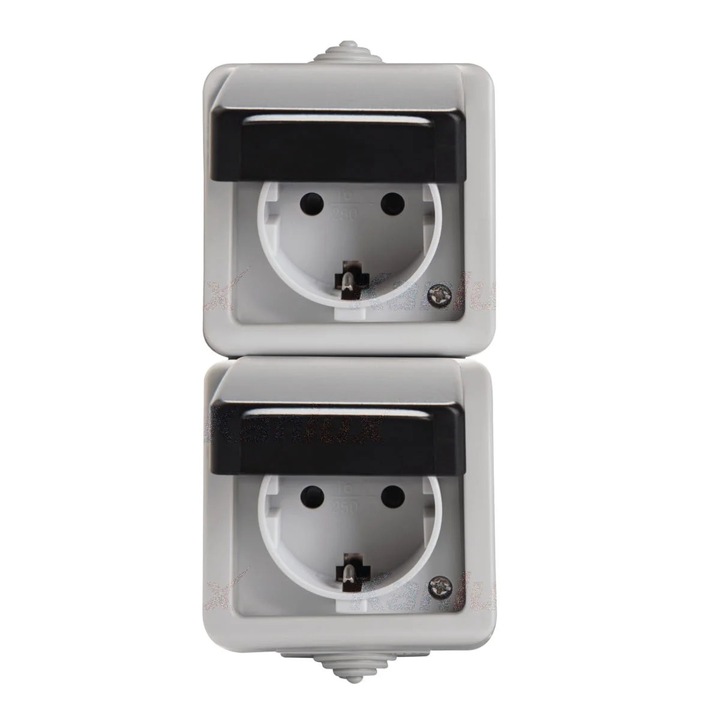 Двоен контакт Шуко със защита Kanlux TEKNO 27134, черен, IP54, 16A, стенен монтаж