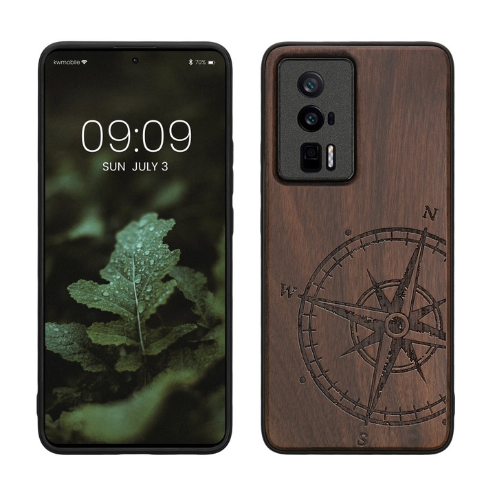 Husa Kwmobile pentru Poco F5 Pro, Maro, Lemn/Silicon, 61662.01