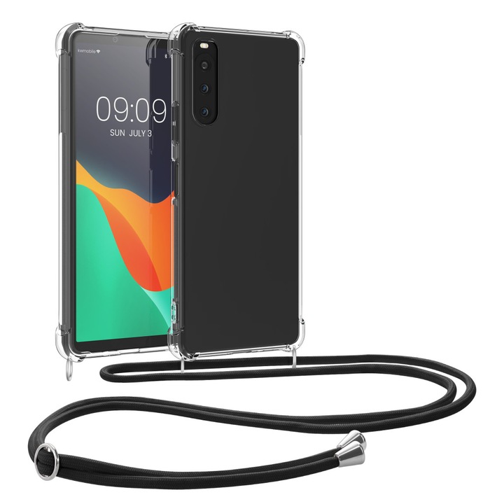 Kwmobile tok zsinórral Sony Xperia 10 V-hoz, átlátszó/fekete, szilikon, 61195.03