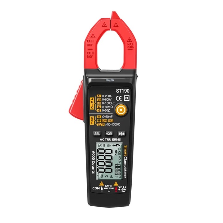 Multimetru digital, ABS, Portabil, 0-200A, 0-600V, 17.50 x 3.90 x 2.70 cm, Negru / Rosu